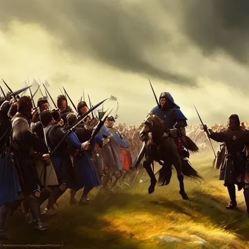 Image similar to robert the bruce leading scottish troops at bannockburn to fight the english, 4 k, concept art, by wlop, ilya kuvshinov, artgerm, krenz cushart, greg rutkowski, pixiv. cinematic dramatic atmosphere, sharp focus, volumetric lighting, cinematic lighting, studio quality