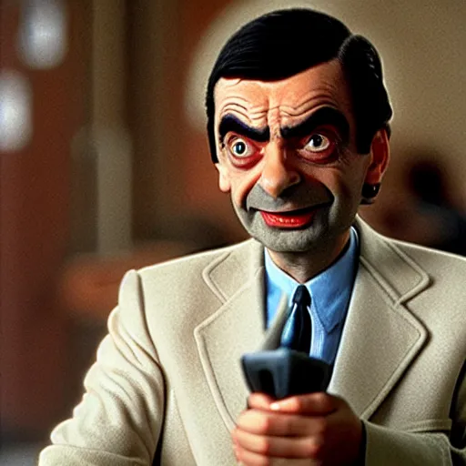Prompt: a movie still of mr bean as a 1 9 8 0 s supervillain