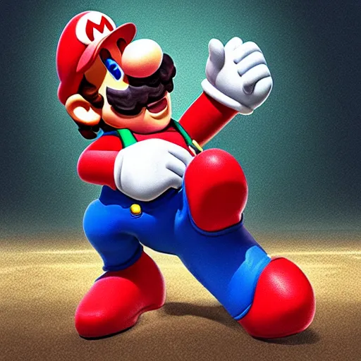 Image similar to mario with a broken neck, broken fingers, and crushed feet