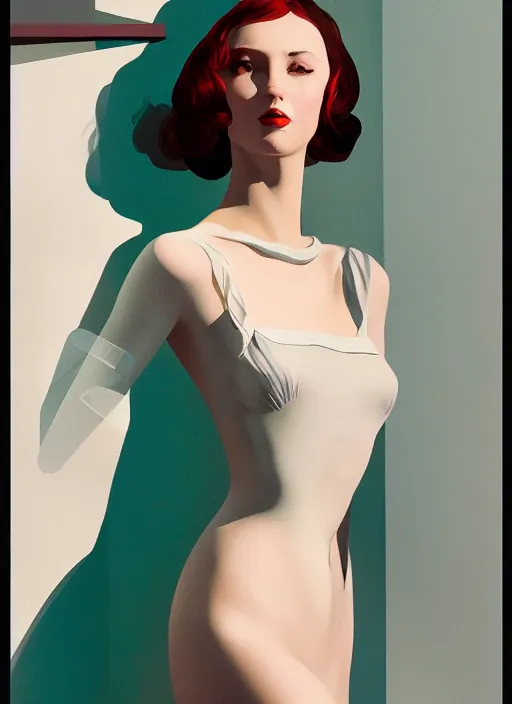 Prompt: Italian Vogue vintage cover, portrait of a female model, high fashion, by Edward Hopper and James Gilleard, 8k, octane render, ultra sharp, hyper detailed digital art