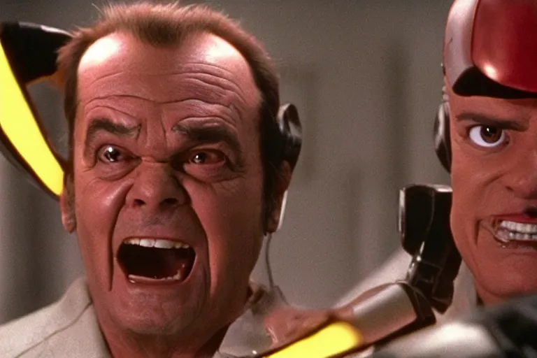 Image similar to Jack Nicholson plays Pikachu Terminator, scene where his inner endoskeleton gets exposed and his eye glows red, still from the film