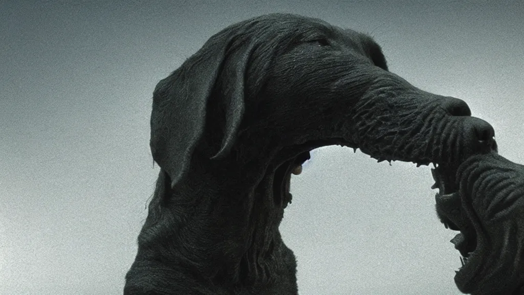 Image similar to the strange dog who sneers, film still from the movie directed by denis villeneuve and david cronenberg with art direction by salvador dali and zdzisław beksinski, wide lens