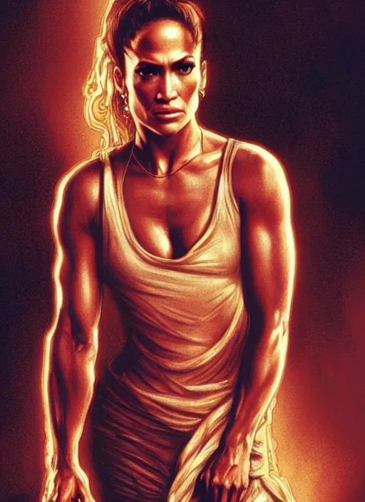 Image similar to A film still of jennifer lopez as John Mcclane in die hard, highly detailed, digital painting, artstation, concept art, sharp focus, illustration, cinematic lighting, art by artgerm and greg rutkowski and alphonse mucha diffuse lighting, fantasy, intricate, elegant, highly detailed, lifelike, photorealistic, digital painting, artstation, illustration, concept art, smooth, sharp focus, art by John Collier and Albert Aublet and Krenz Cushart and Artem Demura and Alphonse Mucha