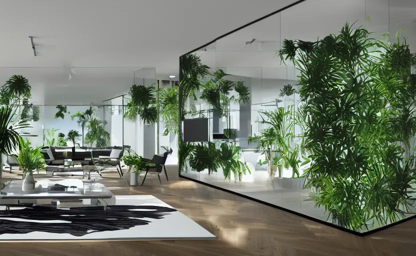 Image similar to empty room architecturaldigest interior, big widescren tv screen in the middle, tropical indoor plants, open shiny floor, v - ray render, high contras