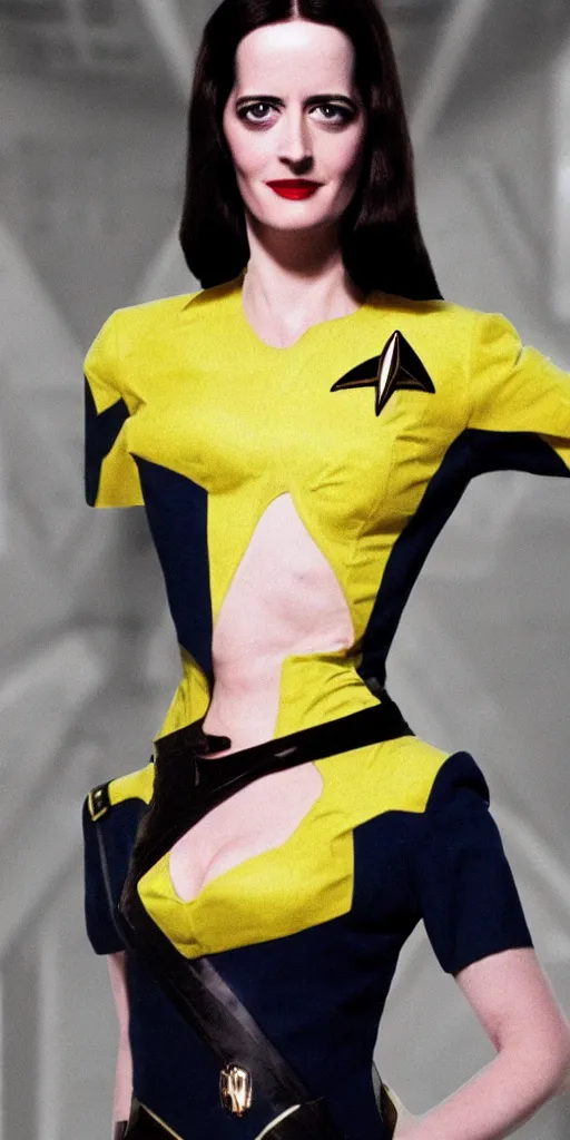 Image similar to a full body photograph of 3 0 year old eva green as a star fleet officer from star trek next generation, ultra rendered, extreme realism and detail, 8 k, highly detailed, realistic, completely framed, hyper realistic, colorful, direct lighting, 3 5 mm photo, photorealistic, sharp focus