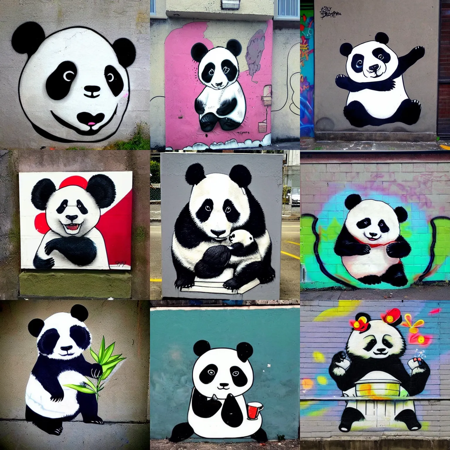 Prompt: cute panda, Street art, graffiti, urban public art, independent