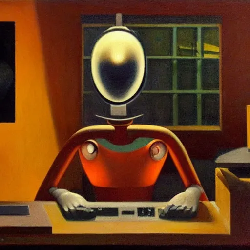 Image similar to a mesmerized robot with large glowing eyes staring at a computer screen, portrait, pj crook, grant wood, edward hopper, syd mead, chiaroscuro, oil on canvas