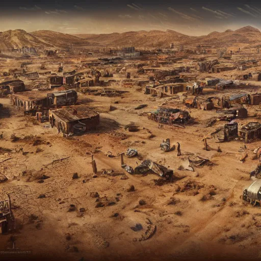 Image similar to highly detailed painting view from bird's eye postapo steampunk lively small but tall town in the middle of nowhere/wasteland endless empty desert in Mad Max style trending on Artstation, 4K, high quality