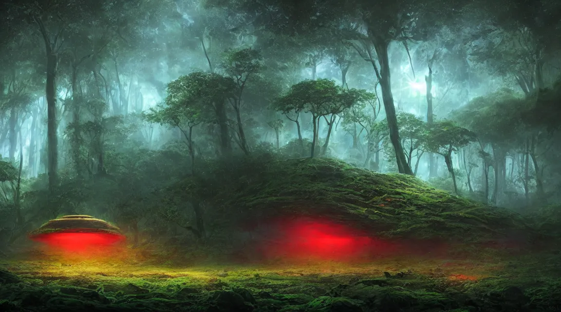 Prompt: matte painting of an ancient alien spaceship in an illuminated clearing in an ancient jungle forest at night. a soft red and green light illuminates the area. ufo. digital painting. beeple. noah bradley. cyril roland albert bierstadt. trending on artstation.