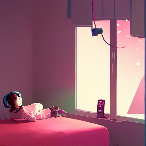 Prompt: a little girl with headphones lying on the bed, in her bedroom, 1 9 8 0, retrofuturism, clean, window, cat, bookshelf, vase, desk, at night, dramatic lighting, by yoshitomo nara, detailed by simon stalenhag