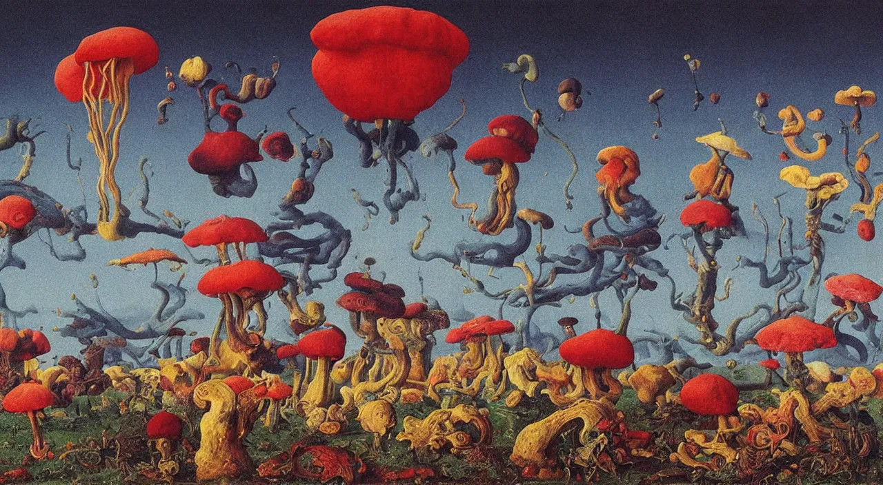 Image similar to a single colorful! ( lovecraftian ) fungus white! clear empty sky, a high contrast!! ultradetailed photorealistic painting by jan van eyck, audubon, rene magritte, agnes pelton, max ernst, walton ford, andreas achenbach, ernst haeckel, hard lighting, masterpiece