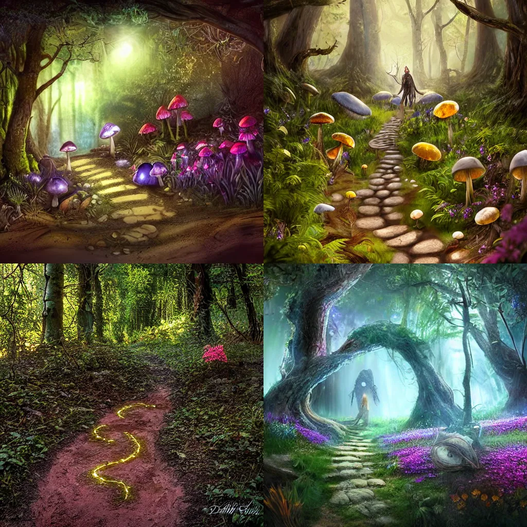 Prompt: A small dirt path leading to a magical elven forest emanating radiance by Daniel Lieske, Magical Portal Near The Forest Entrance, Dirth Path, Magical Forest, Particles in air, little mushrooms and flowers growing in the dirt