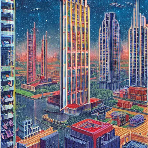 Prompt: mid - century style arcology looms over dilapidated collapsing skyscrapers by david a. hardy, kinkade, lisa frank, wpa, public works mural, socialist