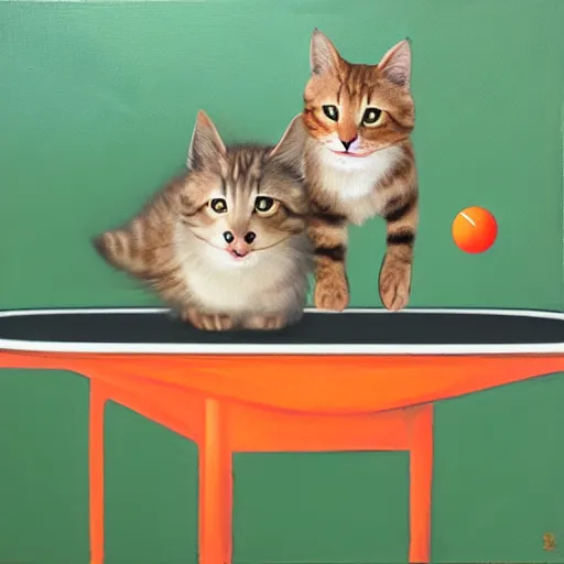 Image similar to Deux chats jouent au ping pong sur un fond orange, oil painting