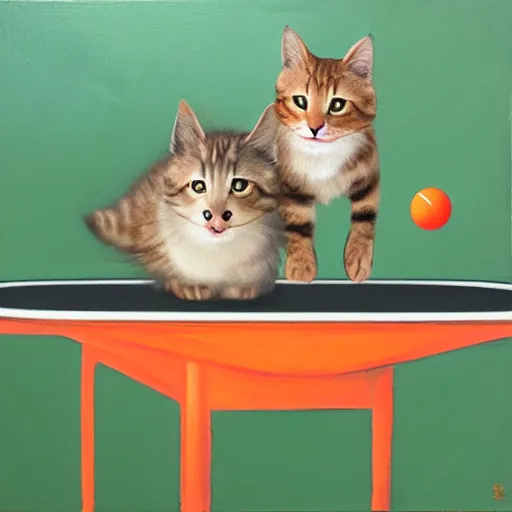 Prompt: Deux chats jouent au ping pong sur un fond orange, oil painting