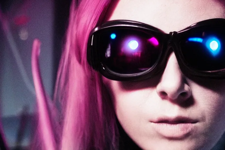 Prompt: closeup young trained female cyberpunk assassin, sunglasses, died hair, shag cut neon lighting by emmanuel lubezki