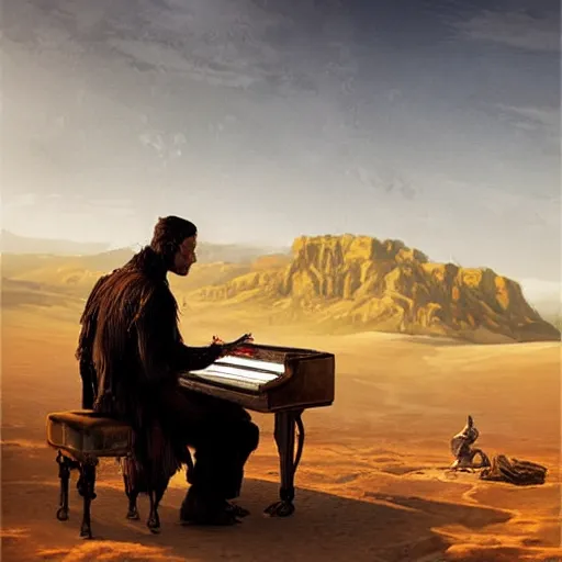 Image similar to UHD photorealistic Frankenstein playing piano in the desert by Greg Rutkowski