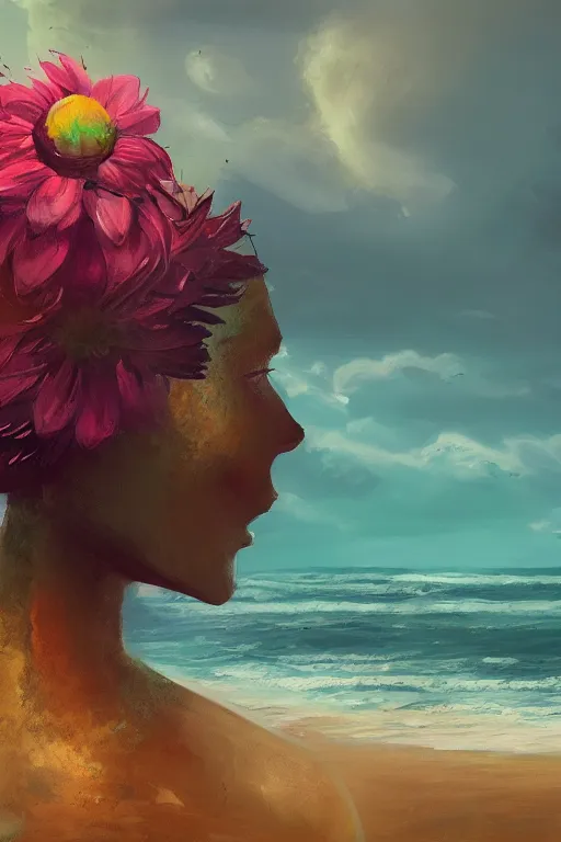 Image similar to closeup, giant flower head, a girl on beach, surreal photography, wind and cold, dramatic sky, impressionist painting, digital painting, artstation, simon stalenhag