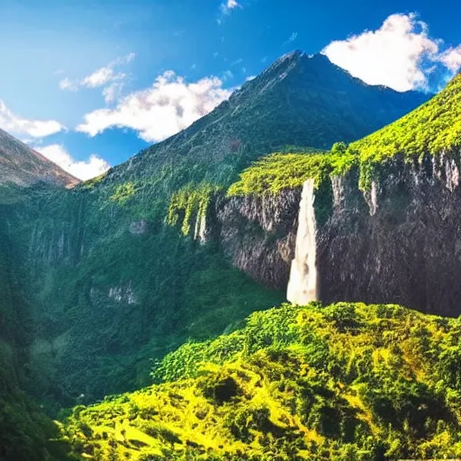 Prompt: beautiful mountain valley, cinegraphic, very very very detailed, waterfall, blue sky