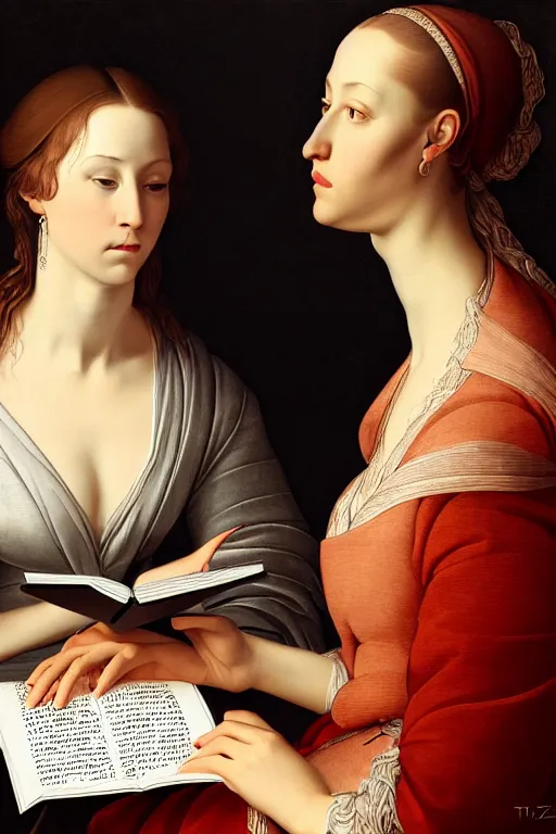 Image similar to portrait of two wise and very beautiful women reviewing some texts, art by tiziano, intricate, elegant, highly detailed, smooth, sharp focus, artstation