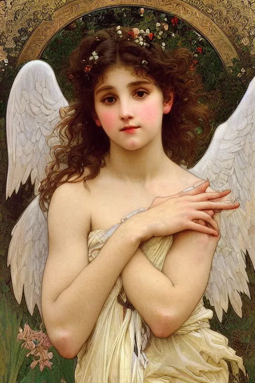 Image similar to portrait of a beautiful angel with large feather wings, intricate, elegant, hyperdetailed by alphonse mucha and william - adolphe bouguereau and john william waterhouse