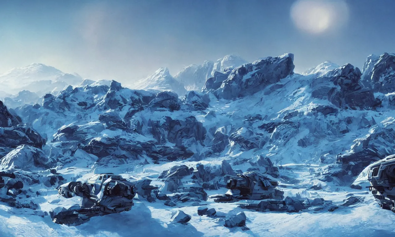 Prompt: frozen planet with mountains in clouds on the background, ravine in front, science-fiction, cinematic lighting, cinematic angle, Syd Mead, John Harris, Federico Pelat, daylight, blue sky