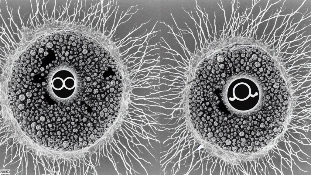 Image similar to a beautiful microscopic scientific photo of a coronavirus and a smiley face seen through the electron microscope, dark, sinister, detailed, by philip henry gosse and ernst haeckel