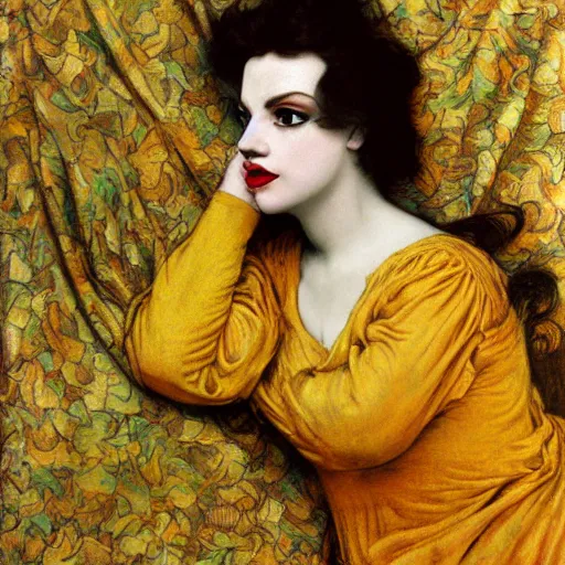 Image similar to hybrid of judy garland and lady gaga, brown fringe, large beautiful features, huge downslanted eyes, large full lips, reclining on flowing bed cool stylish, yellow ochre ornate medieval dress, john william waterhouse, kilian eng, rosetti, john everett millais, william holman hunt, william morris, 4 k