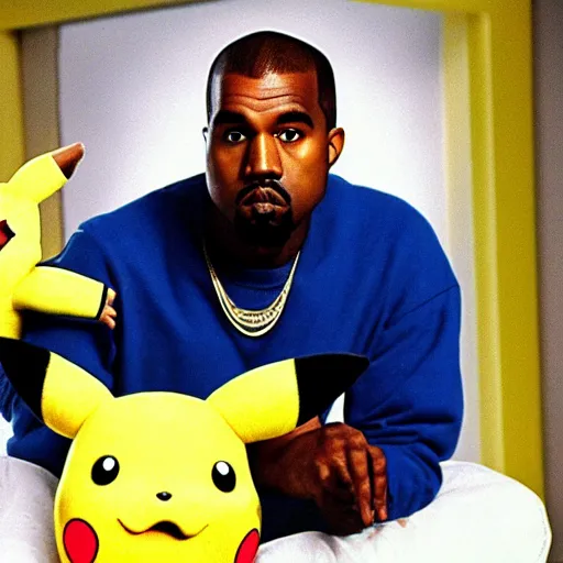 Prompt: Kanye West holding pikachu for a 1990s sitcom tv show, Studio Photograph, portrait