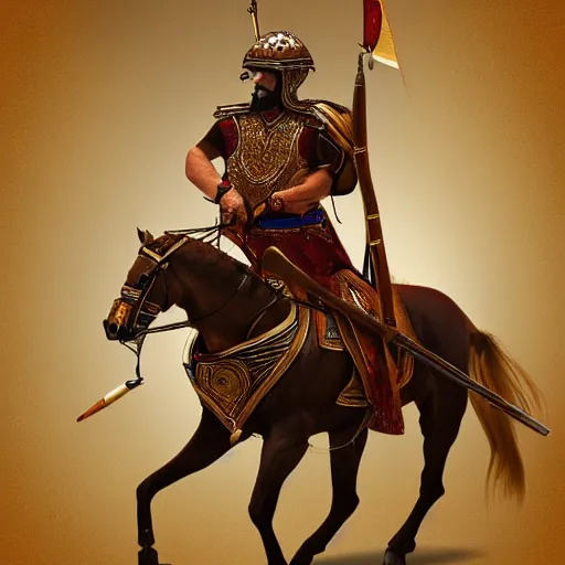 Prompt: persian cataphract on horseback with a spear, trending on artstation