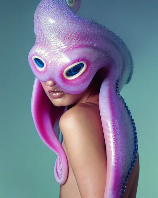 Image similar to natural light, soft focus portrait of a cyberpunk anthropomorphic squid with soft synthetic pink skin, blue bioluminescent plastics, smooth shiny metal, elaborate ornate head piece, piercings, skin textures, by annie leibovitz, paul lehr