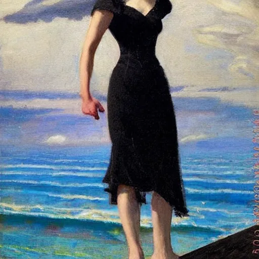 Image similar to woman in black dress, sea behind, pretty face, part dean cornwell style, part leyendecker style,