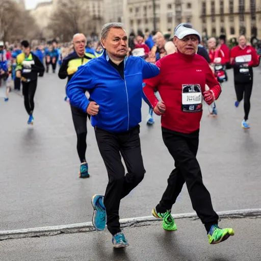 Prompt: Viktor Orban and Ferenc Gyurcsany running a marathon together, 8k, award winning photography, high quality