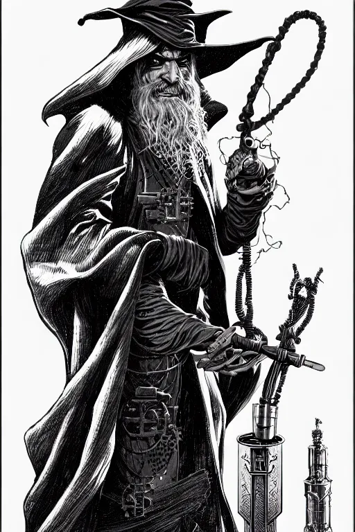 Image similar to side view of a cloaked ancient alchemist steampunk wizard holding a wand, high details, lineart, by vincent di fate and joe fenton,, inking, screen print, masterpiece, trending on artstation, sharp, high contrast, hyper - detailed, hd, 4 k, 8 k