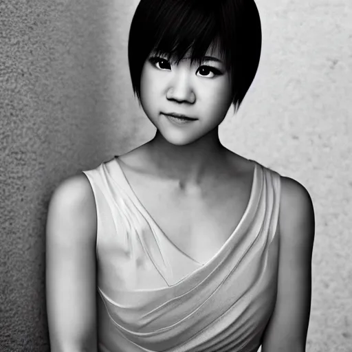 Image similar to like dust, magic gathers in overlooked places, photorealistic portrait of yuja wang. absolutely stunning!, sitting on the stairs to a palace, beautiful omnipotent goddess, symmetrical perfect face, porcelain skin, ultra - detailed, digital art, unreal engine 5, 8 k