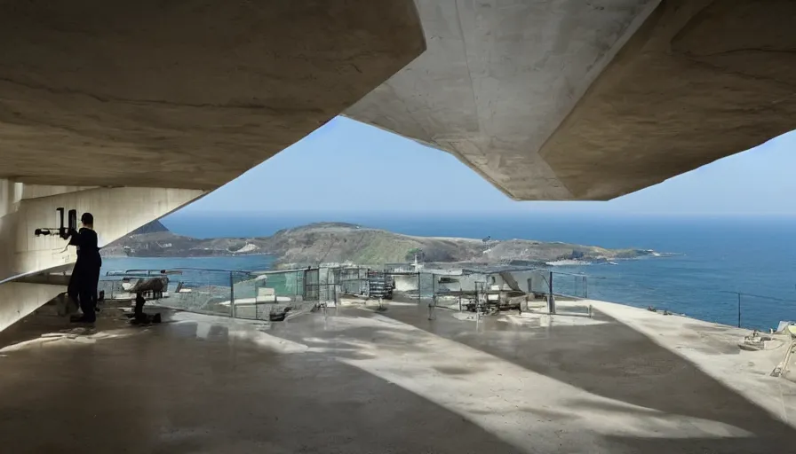 Image similar to big military base perched on a cliff overlooking a magnificient bay, laboratory, drawing architecture, science fiction, pritzker architecture prize, greig fraser