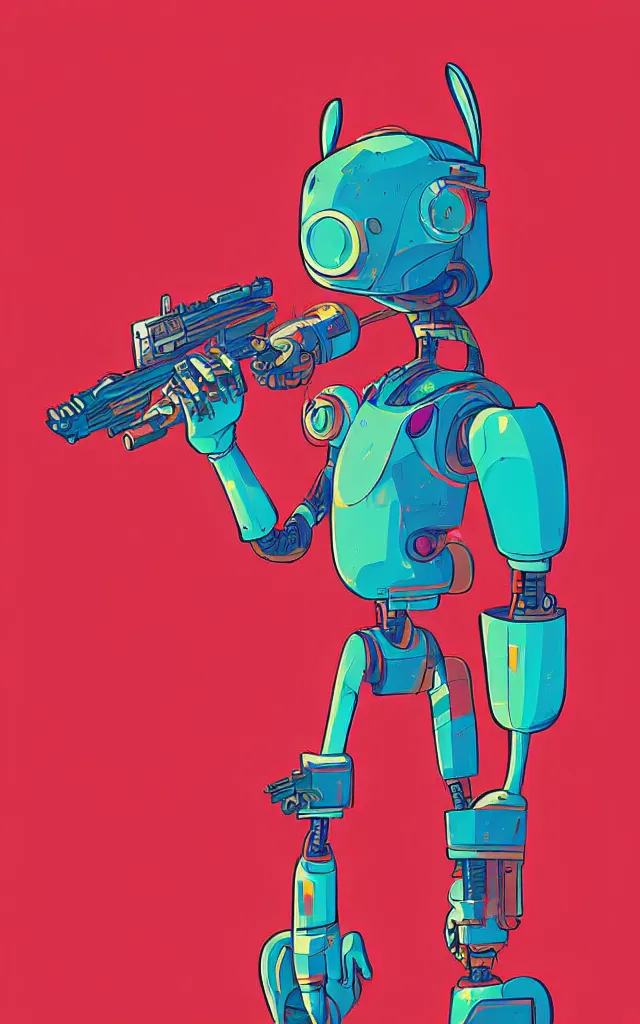 Prompt: anthropomorphic rabbit robot with futuristic guns, digital art, epic composition, fantasy, explosion of color, highly detailed, in the style of jake parker, in the style of conrad roset, swirly vibrant colors, sharp focus