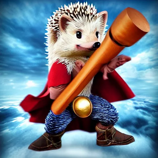 Image similar to the hedgehog thor ~ holding his hammer ~ dramatic thunder background ~ fighting scene ~