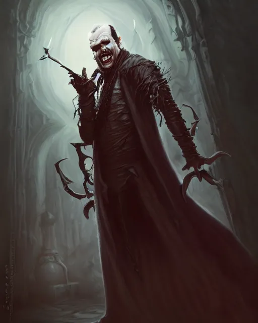 Image similar to ( ( 0 jack nicholson ) ) as an evil vampire ghost necromancer, minion, highly detailed, d & d, fantasy, highly detailed, digital painting, trending on artstation, concept art, sharp focus, illustration, global illumination, shaded, art by artgerm and greg rutkowski and fuji choko and viktoria gavrilenko and hoang lap