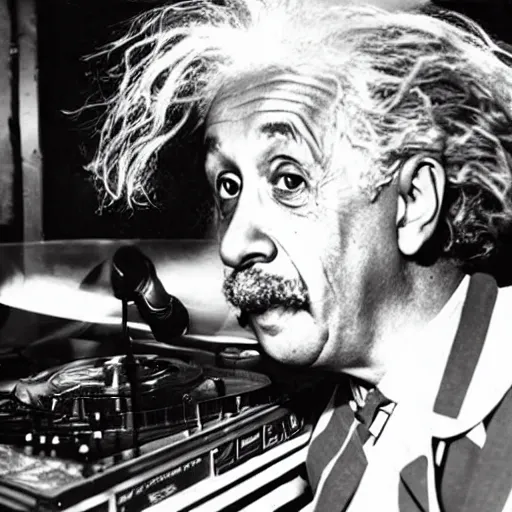 Image similar to photo of Albert Einstein DJing a record player at a nightclub, vintage, highly detailed facial features, at a nightclub