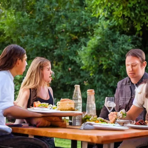 Prompt: eating outside on restaurant having a nice meal and get annoyed by a wasp