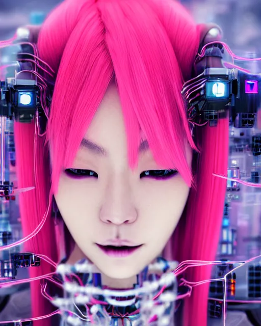 Image similar to portrait of a beautiful japanese woman with pink hair as a cyberpunk cyborg half robot, revealing wires and electronics, hooked - up, sci - fi, missing panels, intricate abstract upper body intricate artwork, concept art, octane render, deviantart, cinematic, key art, hyperrealism, iridescent accents, portrait photograph, nikon 3 5 mm, photograph by greg rutkowski