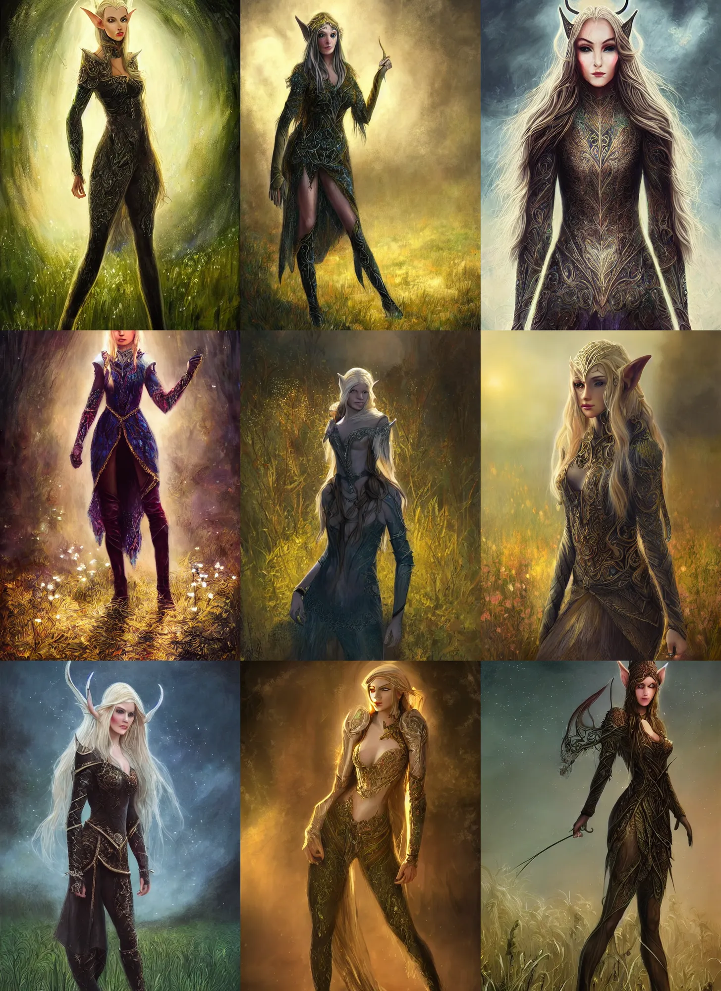 Prompt: beautiful full body concept art beautiful face, elven female thief wearing full intricate clothing standing in a field, soft focus, oil canvas painting, interesting lights