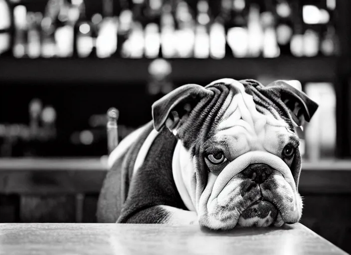 Prompt: a closeup, 4 5 mm, detailed photograph of a english bulldog holding a beer on a bar - stool, sitting at a bar on a bar - stool, beautiful low light, 4 5 mm, by franz lanting