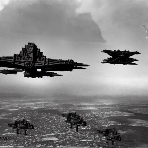 Image similar to an old ww2 photograph of star wars TIE fighters, AT-AT, WW2 planes fighting