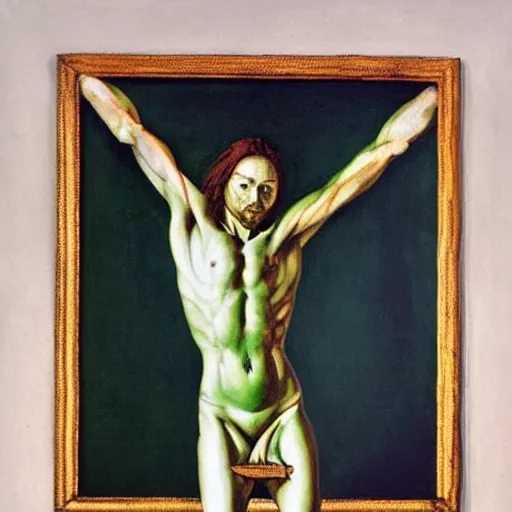 Image similar to a futuristic crucifixion of a green alien messie, great sadness, painting, style of caravaggio