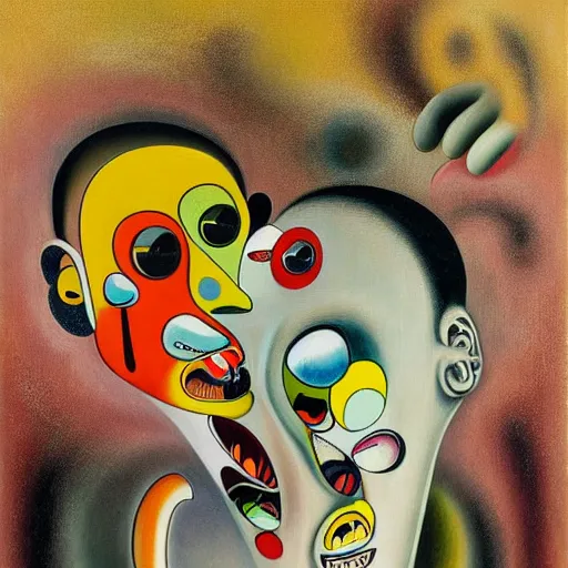 Image similar to Oil painting by Roberto Matta. Strange mechanical beings kissing. Close-up portrait by Takashi Murakami. Dali.