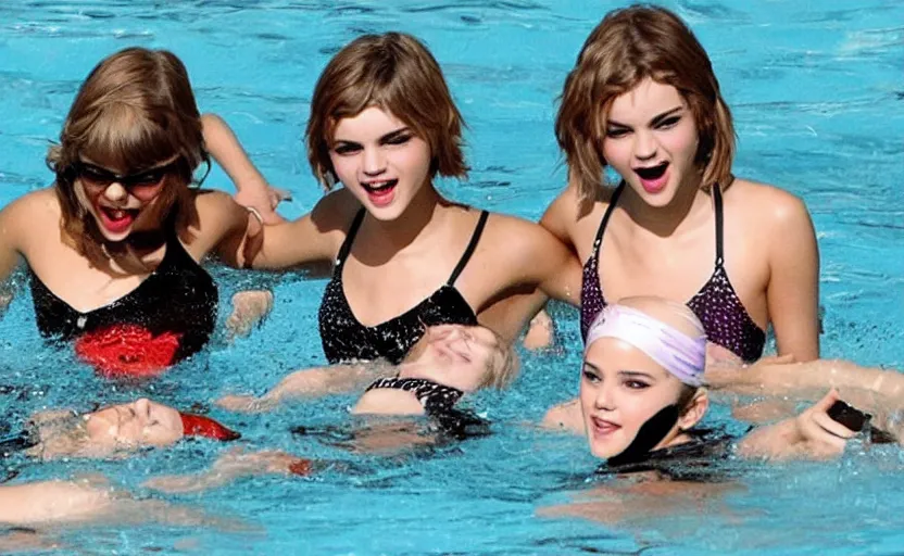 Image similar to emma watson and taylor swift and selena gomez swim together. perfect faces.