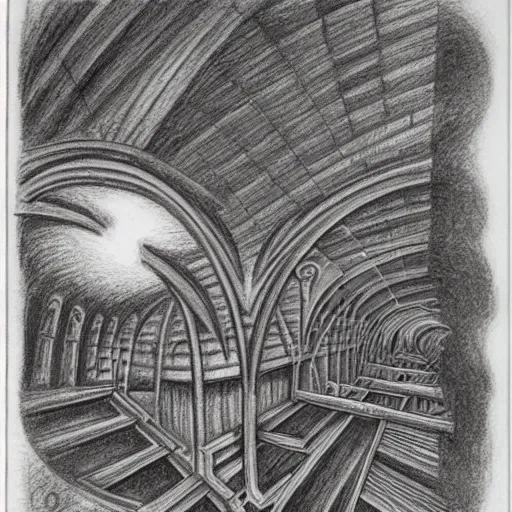 Image similar to apocalypse as drawn by escher using charcoals