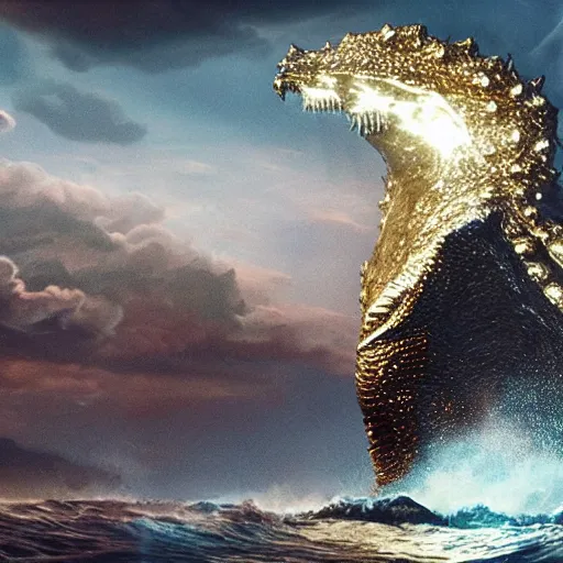 Prompt: whale in gold and silver armor fighting in the depths against godzilla, who has six arms and 5 0 legs